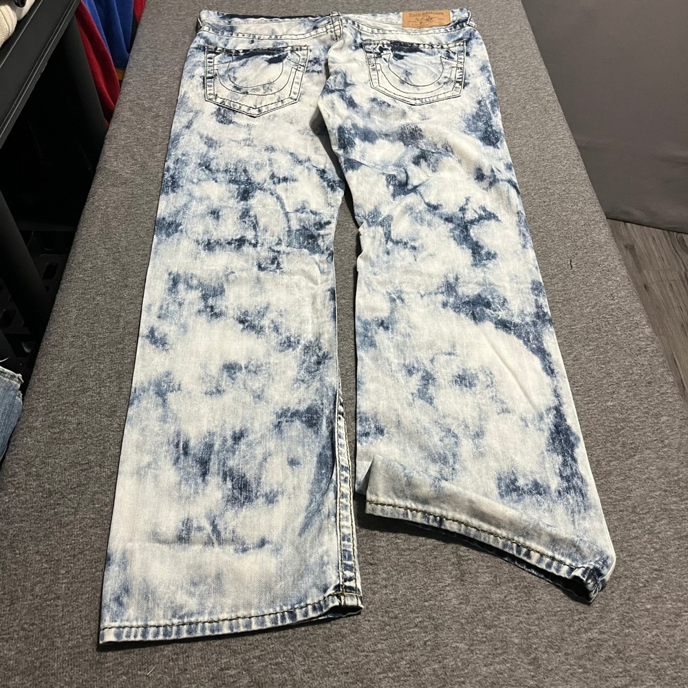 True Religion Mens Section Straight Acid Wash Cloud Blue White Jeans Size 38